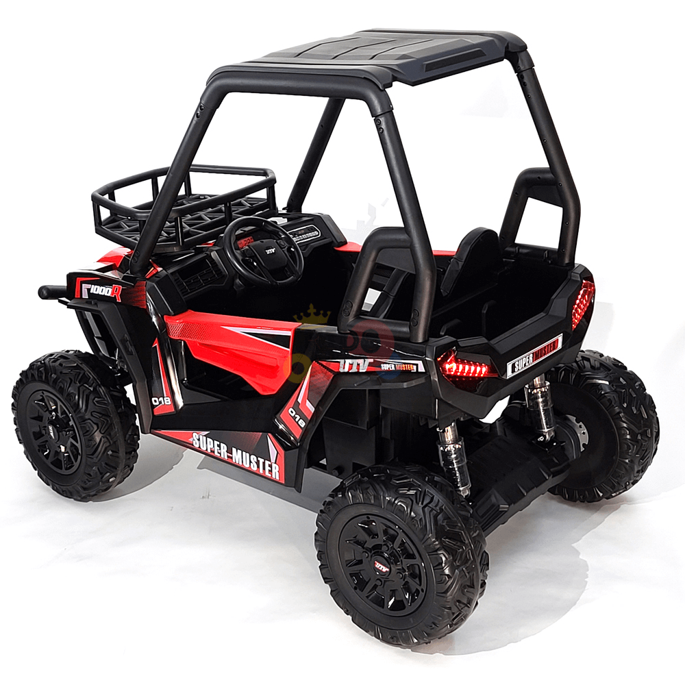 The 2 Seats Golf Buggy 24V Edition Kids Ride On Car UTV with RC in red and black features rubber wheels, a roll cage, and provides parental remote control. Resembling an off-road vehicle, it stylistically pops against a white background, ready for adventurous mini golfers.