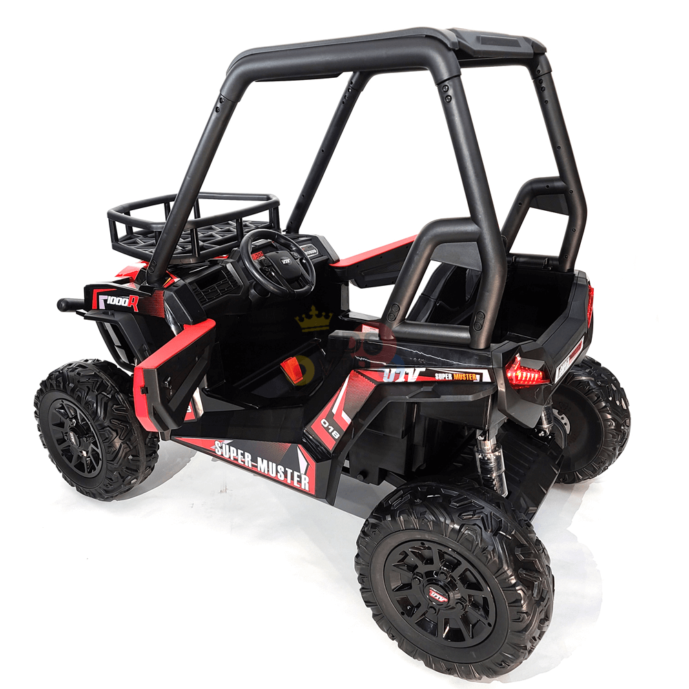 The 2 Seats Golf Buggy 24V Edition Kids Ride-On Car UTV with RC features a black and red design, large rubber tires, a steering wheel, front protective bar, and space for two seats. Super-Muster is on the side, and it includes a parental remote for safe playtime adventures.