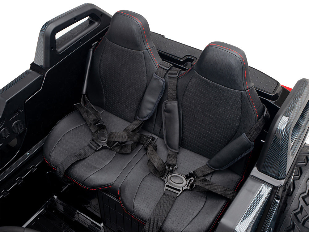 A pair of car seats with black upholstery and red stitching, featuring four-point harness belts, designed for a sporty 24V Dune Buggy ride. These enhance comfort and security in open vehicles, ideal for off-road adventures or childrens 24V/4X4 Dune Buggy UTVs with rubber wheels and RC.