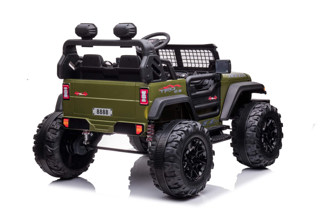 The Green 2 Seater 24v Xtreme 2WD Edition Kids Ride on Truck, featuring large off-road Eva wheels, an olive green body with black accents, red decals, open-top design, rear seats with a mesh net behind them, displays 8888 on its plate and includes parental remote control.