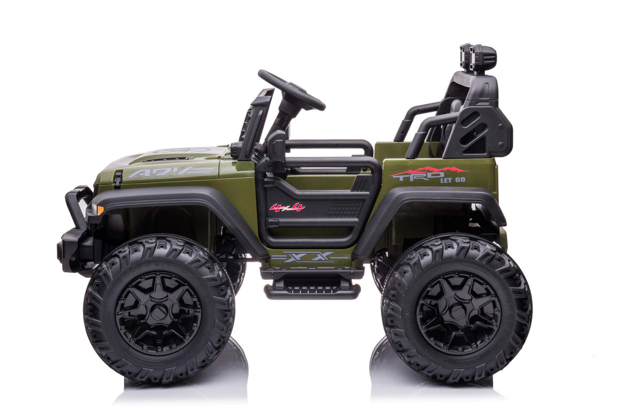 A Green 2 Seater 24V Xtreme 2WD Edition Kids Ride on Truck with EVA wheels and leather seats, resembling an off-road vehicle. Features include an open top, steering wheel, seat, front bumper, rear spare tire holder, and a parental remote control for safety. Background is white.