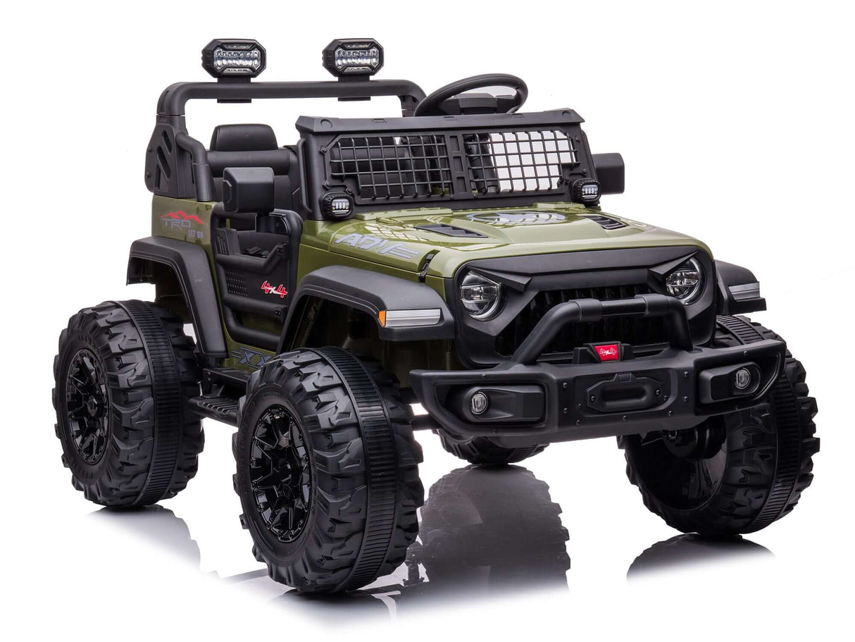 Meet the Green 2 Seater 24v Xtreme 2WD Edition Kids Ride-on Truck with Eva Wheels, leather seats, and adventurous features like a roll bar with spotlights, detailed front grilles, off-road accessories, and a parental remote control. Perfect for childrens outdoor adventures!.