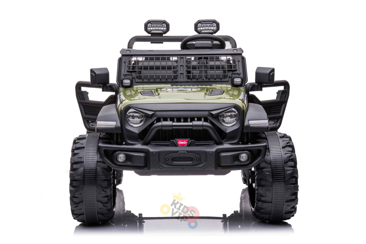 The Green 24V/4WD Xtreme Ride-On Truck features a rugged design with large black EVA wheels, realistic front grilles, headlights, overhead lights, and leather seats. This 2-seater kids truck includes a detailed bumper and mirrors and is set against a plain white background.