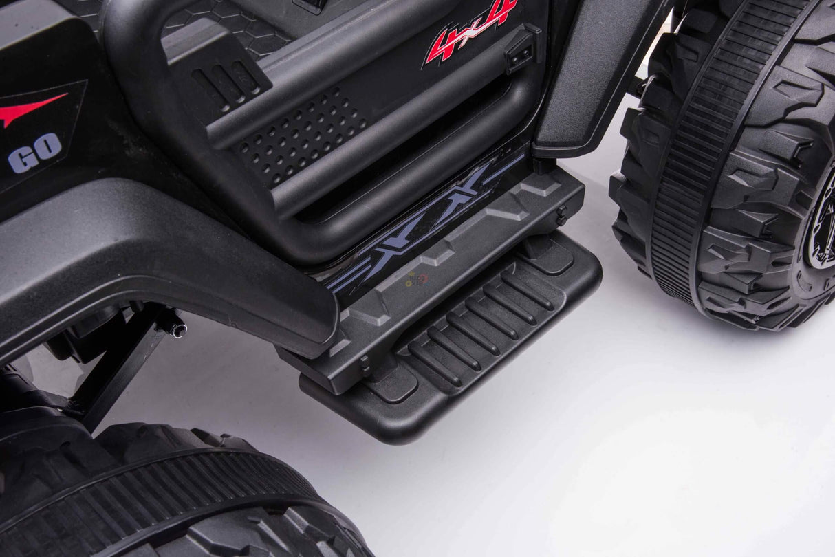 Featuring sturdy side steps and large black EVA wheels, the Black 24V/4WD Xtreme Ride-on Truck boasts leather seats, textured tires, and detailed plastic molding for a realistic off-road look.