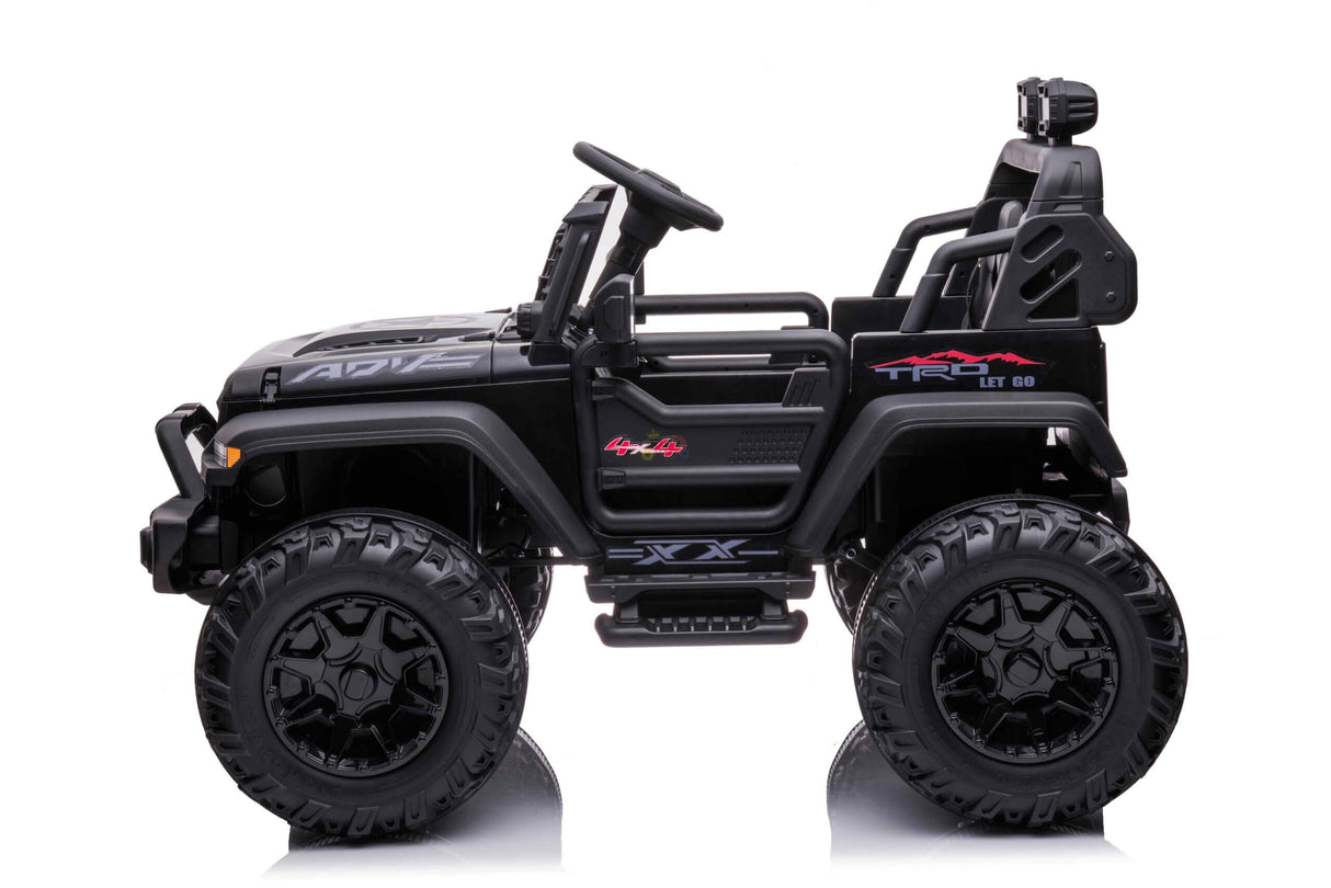 This adventurous ride-on truck, the Black 24V/4WD Xtreme, features EVA wheels, leather seats, a steering wheel, side mirrors, detailed grill, and T-Rex branding for an exciting experience. This sleek 2-seater model offers fun against a clean white backdrop.