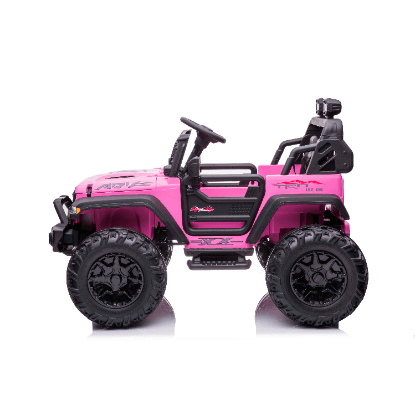 The Pink 24V/2WD Xtreme Edition Ride on Truck has a vibrant off-road jeep design, featuring large black Eva wheels, leather seats, steering wheel, and roll cage—perfect for kids outdoor adventures.