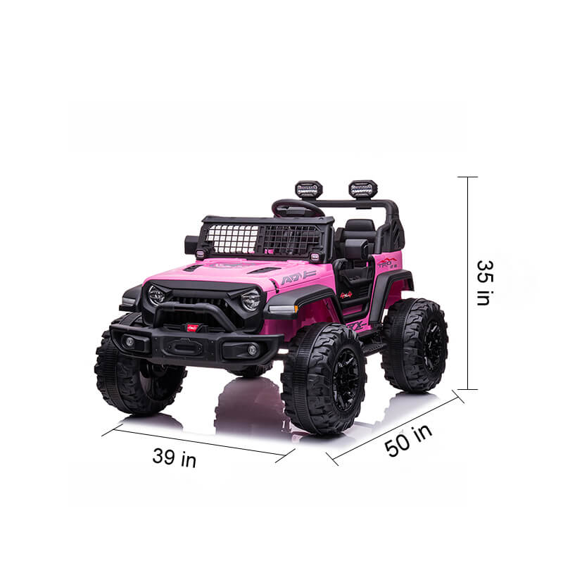 Check out the Pink 24V/2WD Xtreme Edition Ride on Truck! This childrens toy car features Eva Wheels, leather seats, and a spacious 2-seater design, measuring 50 L x 39 W x 35 H. Perfect for a smooth off-road adventure, its stylishly set against a white background.