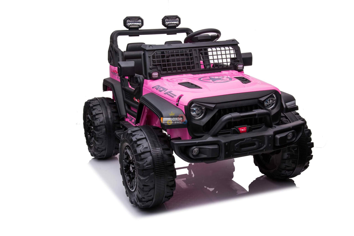 The Pink 24V/4WD Xtreme Ride-on Truck is an electric marvel with EVA wheels, leather seats, a steering wheel, headlights, roll bars, decorative top lights, and parental remote control. Resembling an off-road vehicle with a front grille and large tires, it ensures fun and safety for kids.