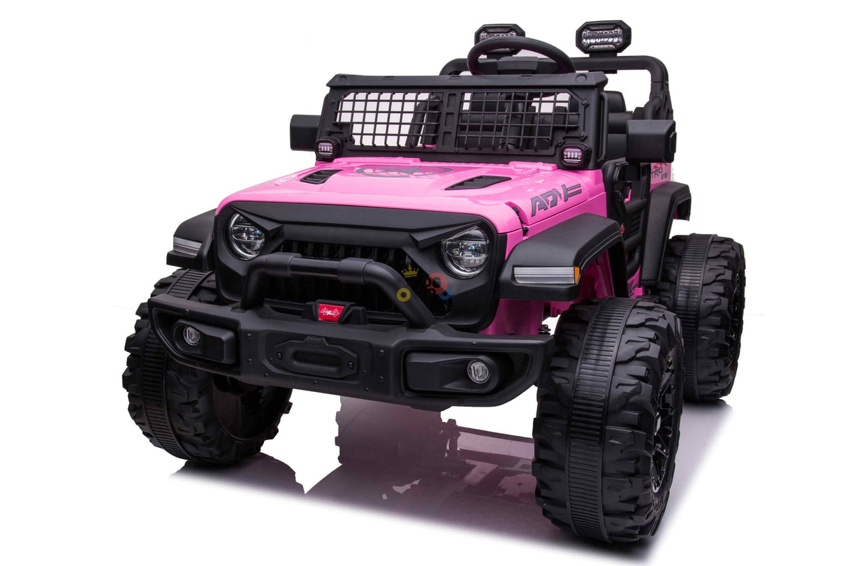 The Pink 24V/4WD Xtreme Ride-on Truck features a rugged off-road design with large black tires, headlights, a grille, roll bars with lights, and includes Eva wheels, leather seats, and a parental remote control for safe adventures.