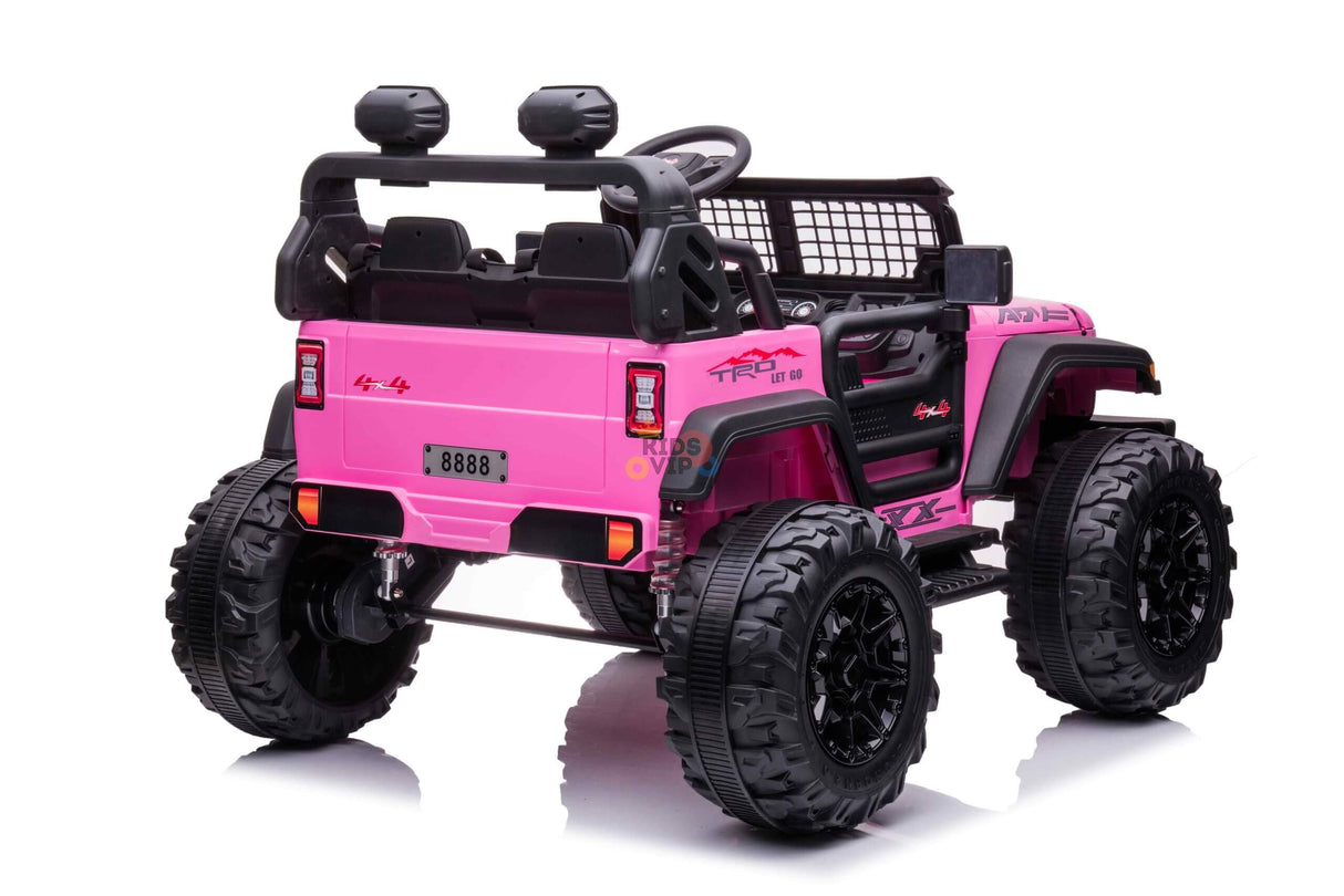 The Pink 24V/4WD Xtreme Ride on Truck features oversized Eva wheels, leather seats, side mirrors, a steering wheel, a faux license plate 8888, and an optional parental remote control for safety. Designed for children, it offers black accents and is an electric kids vehicle.