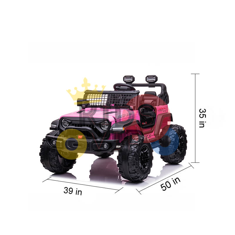 The Pink 24V/4WD Xtreme Ride on Truck features large black Eva wheels, a sleek grille with headlights, and roof lights. It includes two leather seats, measures 39W x 50L x 35H, and offers a parental remote control for safety.