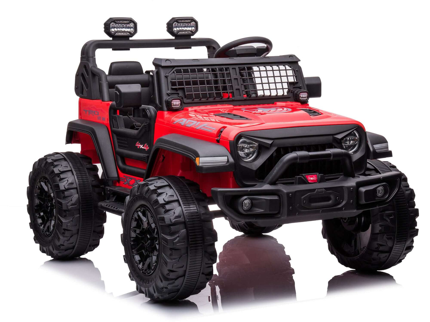The Red 24V/4WD Xtreme Ride on Truck features large black EVA wheels, leather seats, roll bars with lights, a front grill, windshield, side mirrors, and striking hood graphics for added realism.