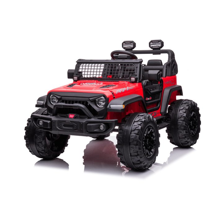 The Red 24V/4WD Xtreme Ride on Truck with EVA wheels and leather seats is a vibrant red toy Jeep featuring large black wheels, realistic details like headlights, a grill, a roll bar with lights, and an open-top design—perfect for adventurous kids.