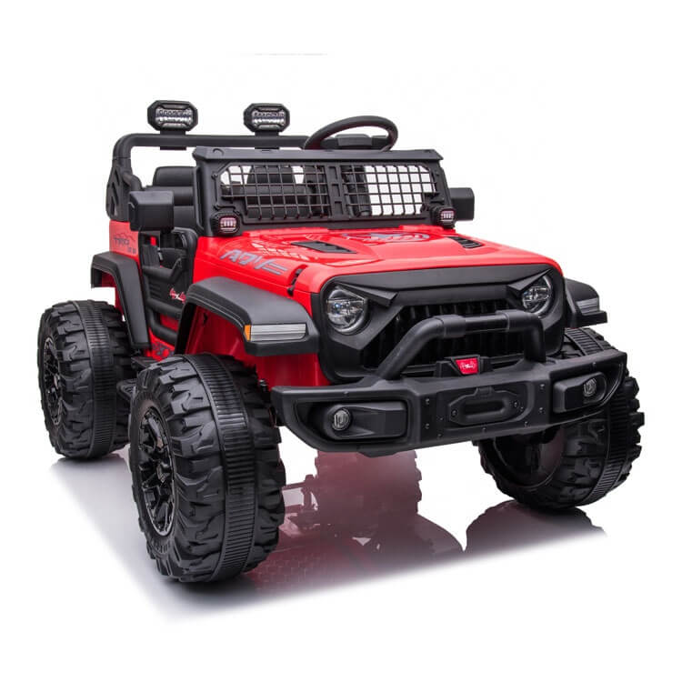 The Red 24V/4WD Xtreme Ride on Truck features large Eva wheels, leather seats, a steering wheel, and detailed elements like front grille mesh, headlights, side mirrors, and roll bars with lights. Resembling a Jeep, this sporty off-road vehicle stands out with its robust design.