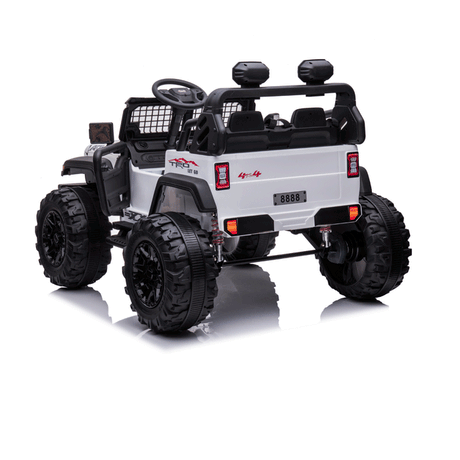 The White 24V/2WD Xtreme Edition Ride on Truck features stylish black and white design elements, large EVA wheels, leather seats, and realistic details like headlights, mirrors, and a steering wheel.