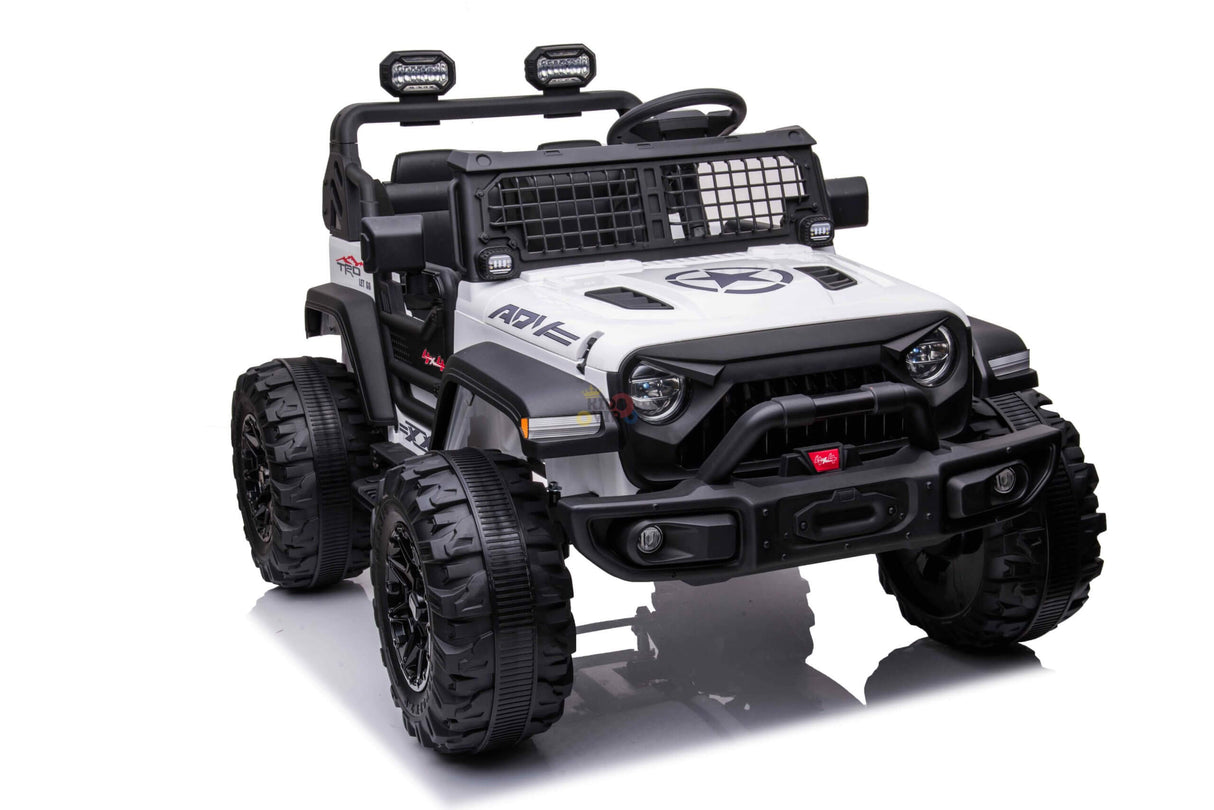 The White 24V/4WD Xtreme Ride-on Truck features a jeep-like design with rugged EVA wheels, large front grille, leather seats for two, decorative logos, overhead lights, and realistic detailing in white and black for thrilling imaginative play.
