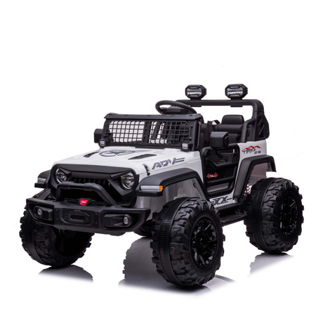 The White 24V/4WD Xtreme Ride on Truck, featuring EVA wheels and leather seats, offers kids a thrilling adventure with realistic details like roll bars, front headlights, and side mirrors.