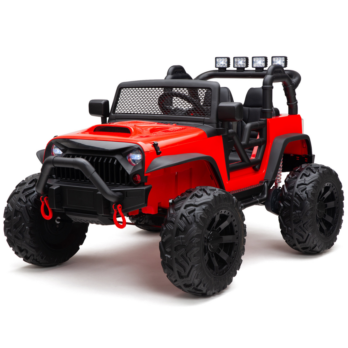 The Red 24V EVA Big Wheels Kids 1 Seater Upgraded Ride On Truck features an off-road design with large rubber wheels, roll cage, front bumper, top-mounted lights, and seats for kids.