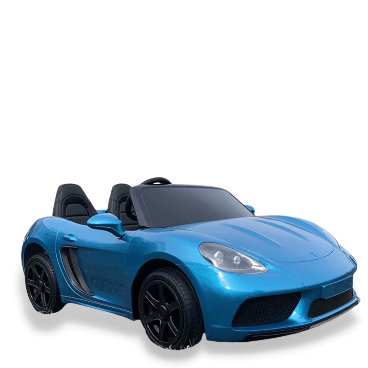 The Metallic Blue 24V XXL SuperSport Big Kids Ride On Car, with eco leather seats and sleek design, features an 180W brushless motor, two seats, and stylish black wheels.