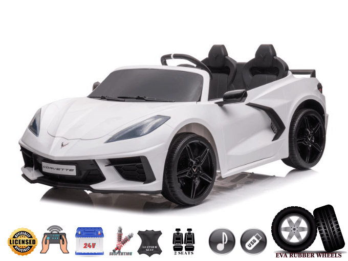 A white toy car resembling the Kids Premium 24V White Corvette C8 Dual-Seater. It features leather seats, black wheels, and an open-top design with icons showing EVA wheels, sound capabilities, a 24V battery, and a licensed design.