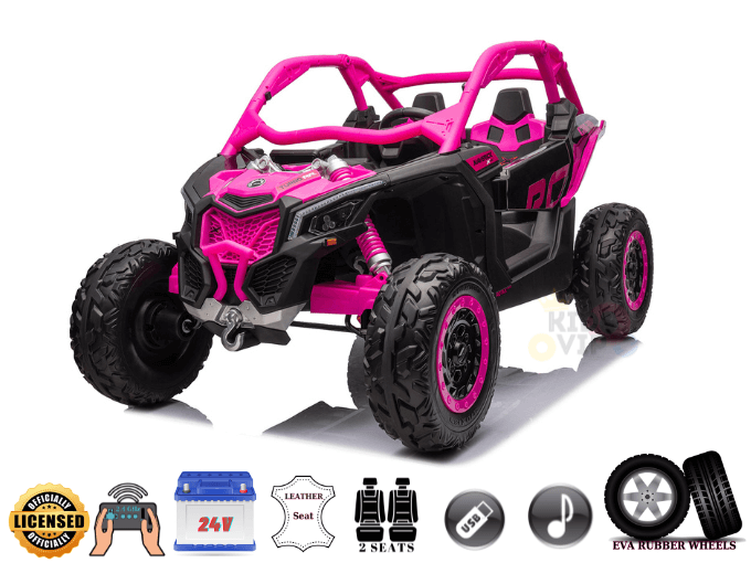The Rose 2x24V/2WD Official Can-Am Maverick Ride-on Buggy, LX Performance offers a thrilling adventure for young explorers with pink and black colors, rugged tires, EVA rubber wheels, two seats, USB port, remote control, and a licensed badge below the frame.