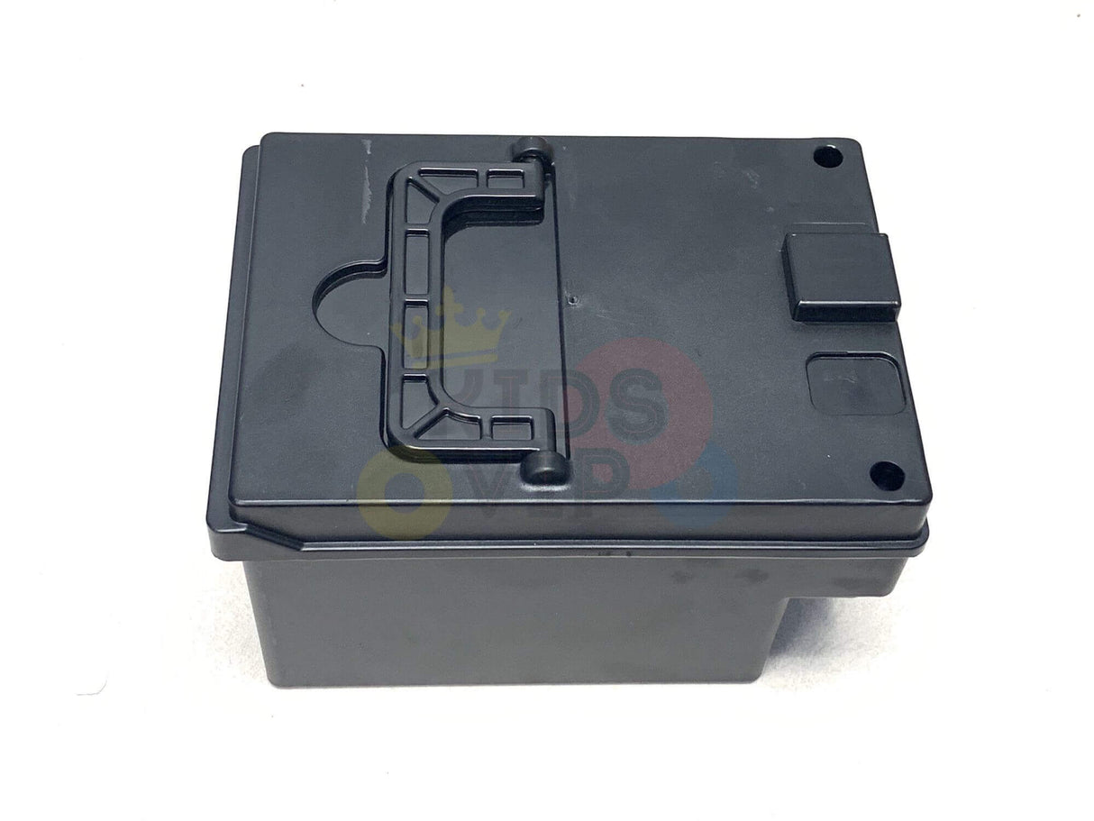 A sleek, black rectangular plastic box with a handle and two small compartments on top is ideal for storing essentials like the Parental Remote Control for your Red 24V/4X4 Dune Buggy Ride On UTV, Rubber Wheels and RC. Its smooth surface boasts an elegant design without visible markings, perfect for any garage or playroom.