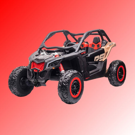 A black and red toy off-road vehicle with large tires is displayed on a gradient red background. It has an open cabin with roll bars and detailed front lights.
