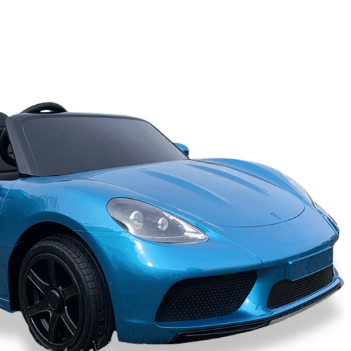 The Metallic Blue 24V XXL SuperSport Ride-On Car features a sleek design with Eco Leather Seats, black wheels, a prominent front grille, silver headlights, and a powerful 180W Brushless Motor. The soft top is closed, set against a plain white background.