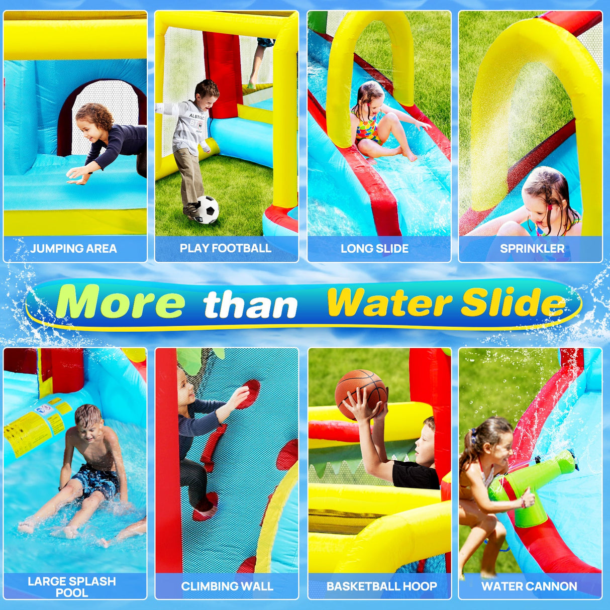 7 in1 Inflatable slide water park bouncing house outdoor Soccer garden bouncer with Splash pool & Water gun & Climbing wall & Basketball & Football