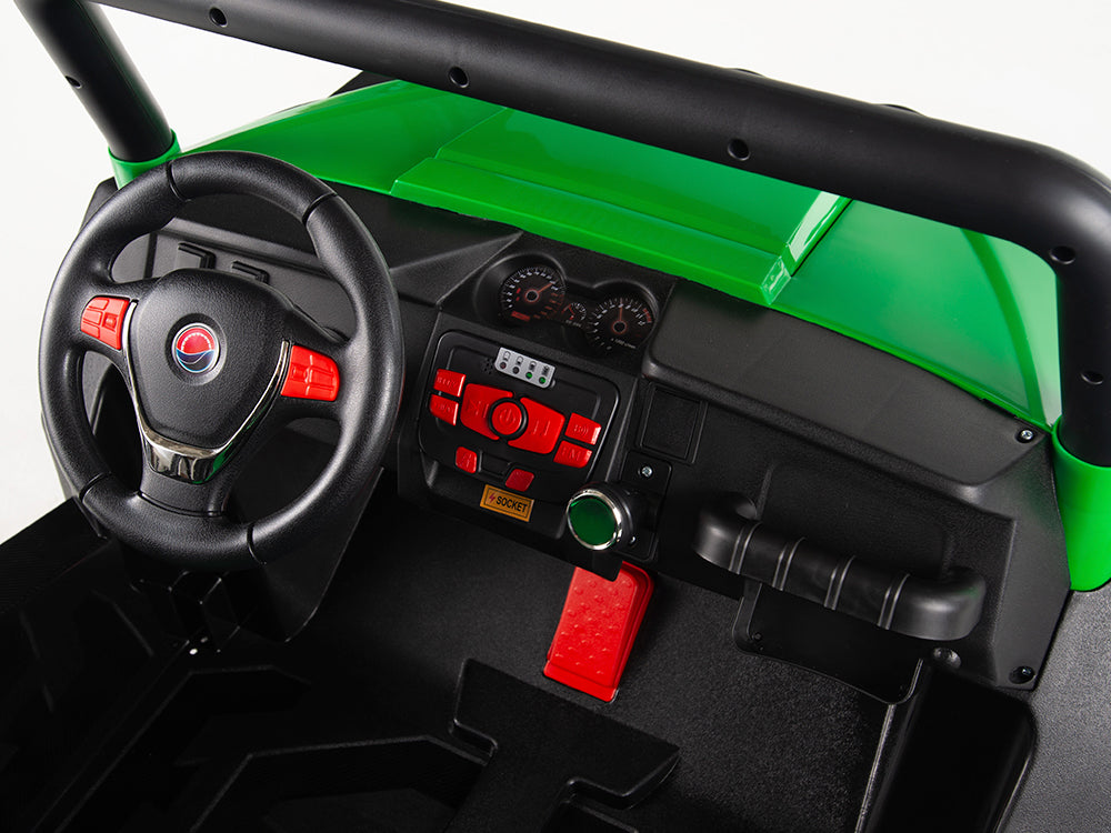 The interior of the Red 12V Licensed XXL BMW X6 Ride On Car includes a black and green steering wheel with red buttons, a detailed dashboard with gauges, control buttons, and a red foot pedal for an immersive driving experience.