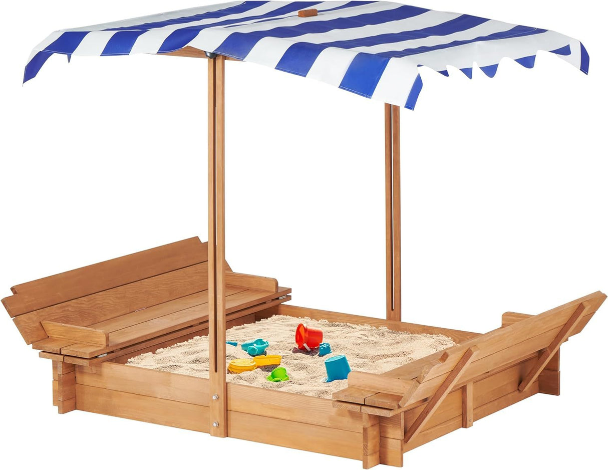 Kids Sandbox with Adjustable Cover, 46'' Wooden Sand Box with 2 Foldable Bench Seats, Outdoor Sandpit for Backyard Play