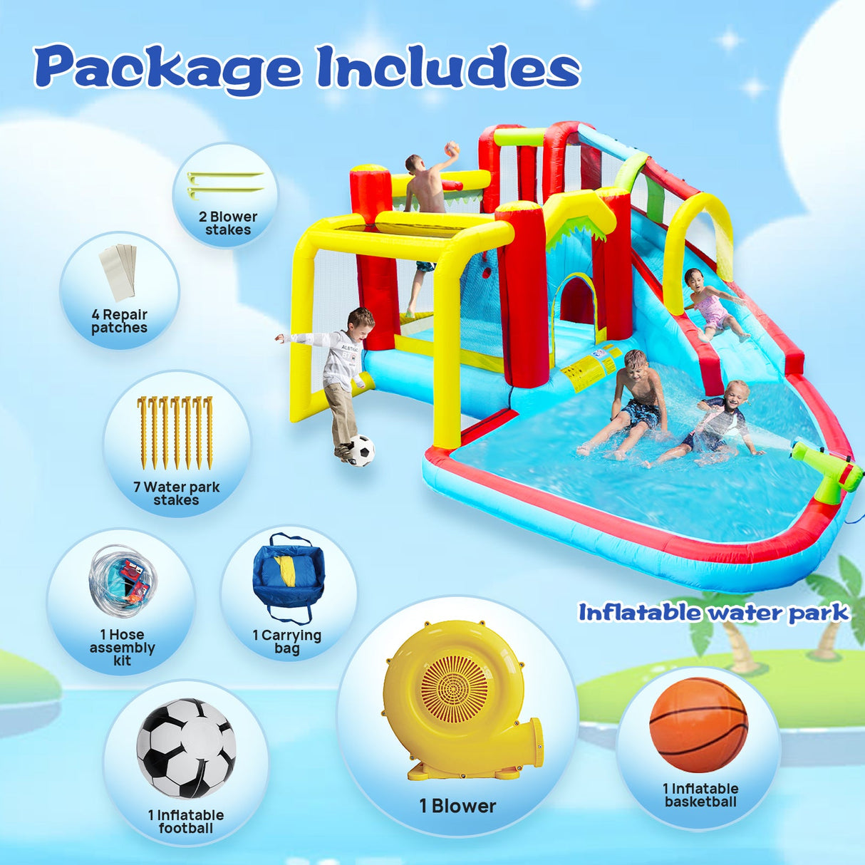 7 in1 Inflatable slide water park bouncing house outdoor Soccer garden bouncer with Splash pool & Water gun & Climbing wall & Basketball & Football