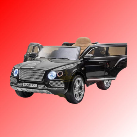 Toy car resembling a black luxury SUV with open doors, a front license plate reading BENTLEY, and silver wheels, set against a red gradient background.