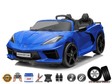The Kids Premium 24V Blue Corvette C8 Dual-Seater is a stylish ride-on with leather seats, EVA wheels, and decals showcasing remote control, battery power, and dual-seat features.