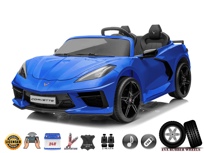 The Kids Premium 24V Blue Corvette C8 Dual-Seater is a stylish ride-on with leather seats, EVA wheels, and decals showcasing remote control, battery power, and dual-seat features.