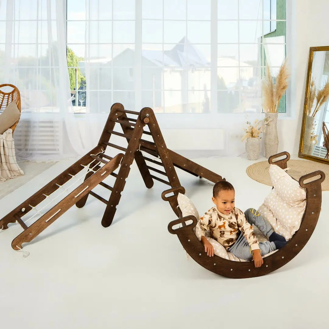 5in1 Montessori Climbing Set: Triangle Ladder, Climbing Arch, Slide, Net & Cushion – Chocolate