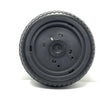 The 12V Lexus Tire, a black round wheel for a ride-on car, features a textured rubber surface and central hub with several small openings. Set against a plain white background, this final sale accessorys details are beautifully highlighted.