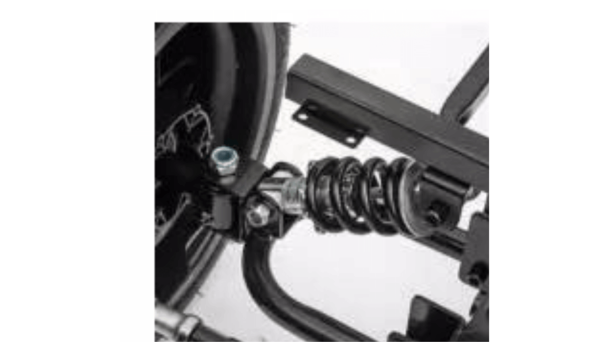 Close-up of a bicycles rear suspension system with metallic coil spring, providing smooth rides similar to the eco-leather seats in high-end vehicles, much like the experience offered by the Blue Giant Limited Edition Lamborghini SV 24V/180W for Big Kids.
