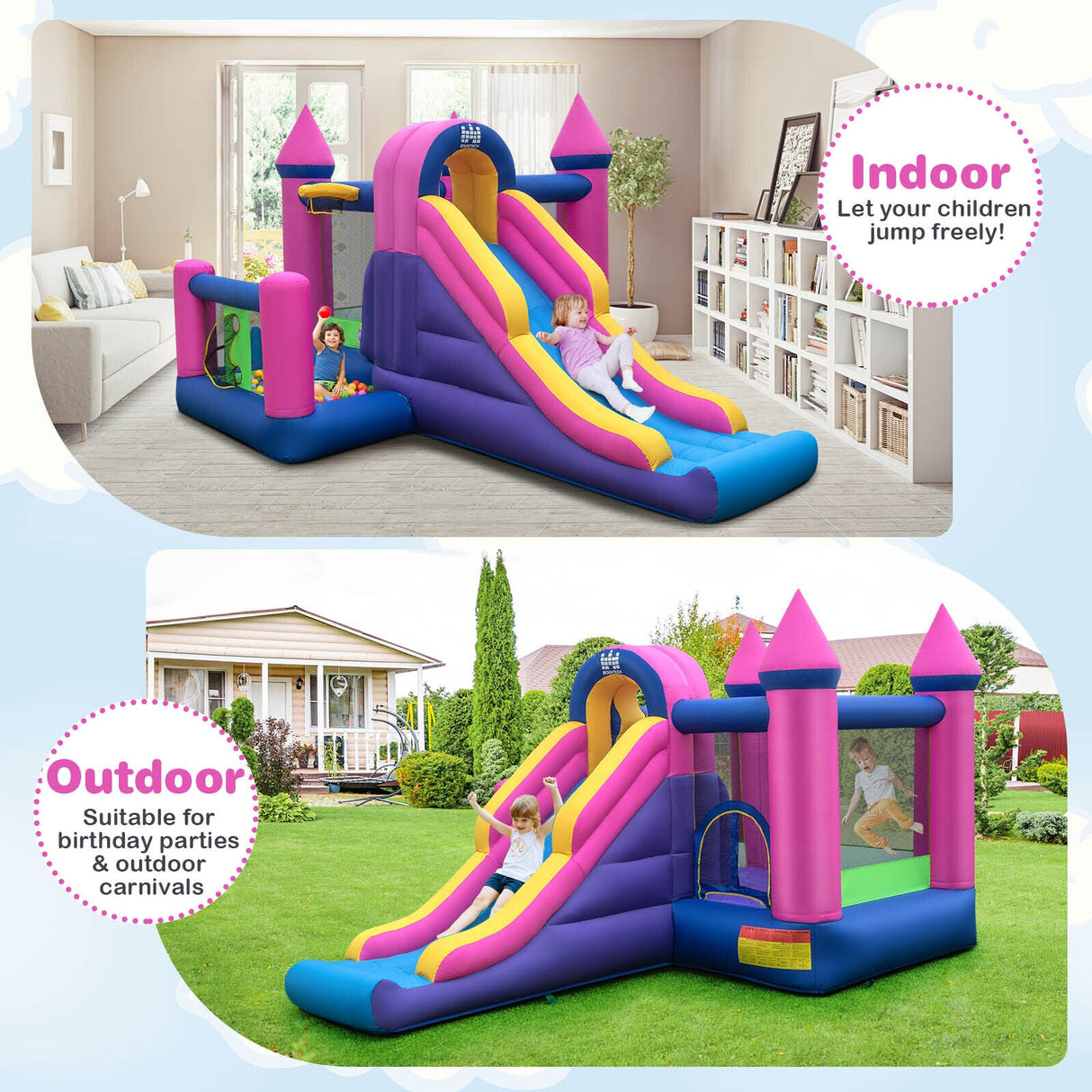 7-in-1 Kids Inflatable Bounce House with Long Slide and 735W Blower