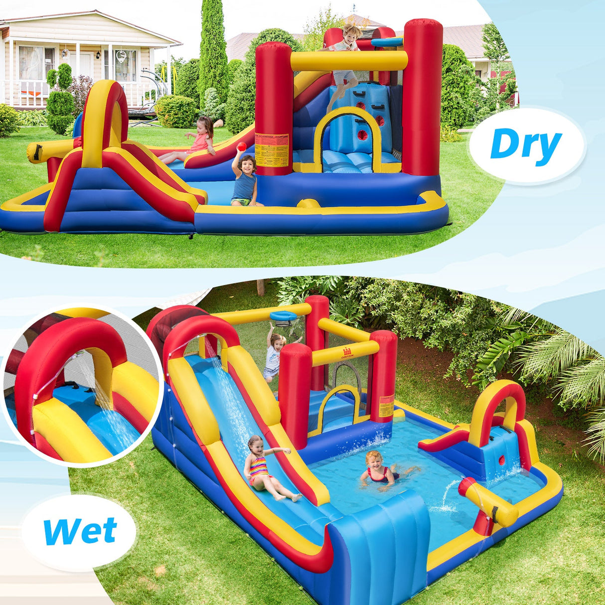 7 in 1 Outdoor Inflatable Bounce House with Water Slides and Splash Pools with 950W Blower