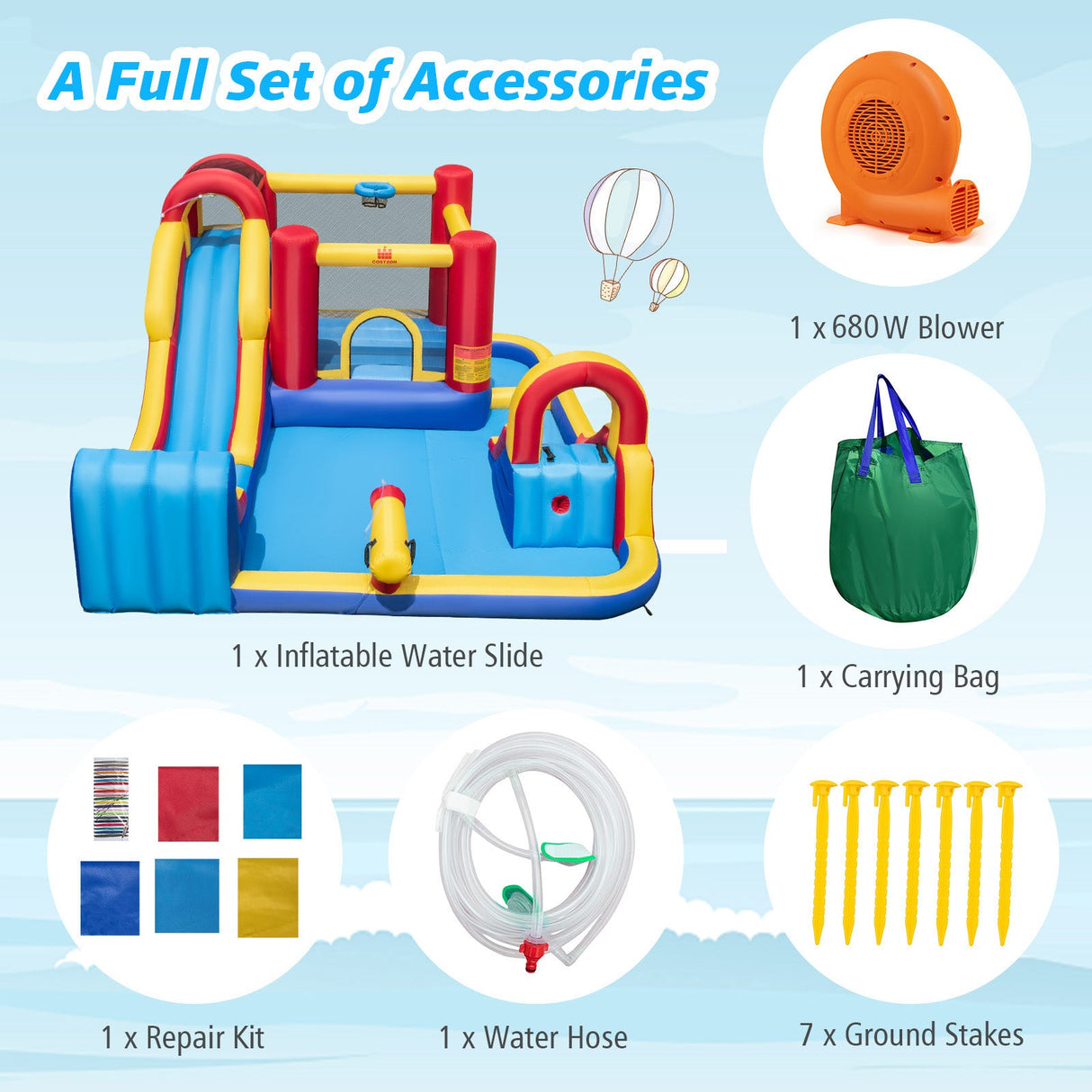 7 in 1 Outdoor Inflatable Bounce House with Water Slides and Splash Pools with 680W Blower