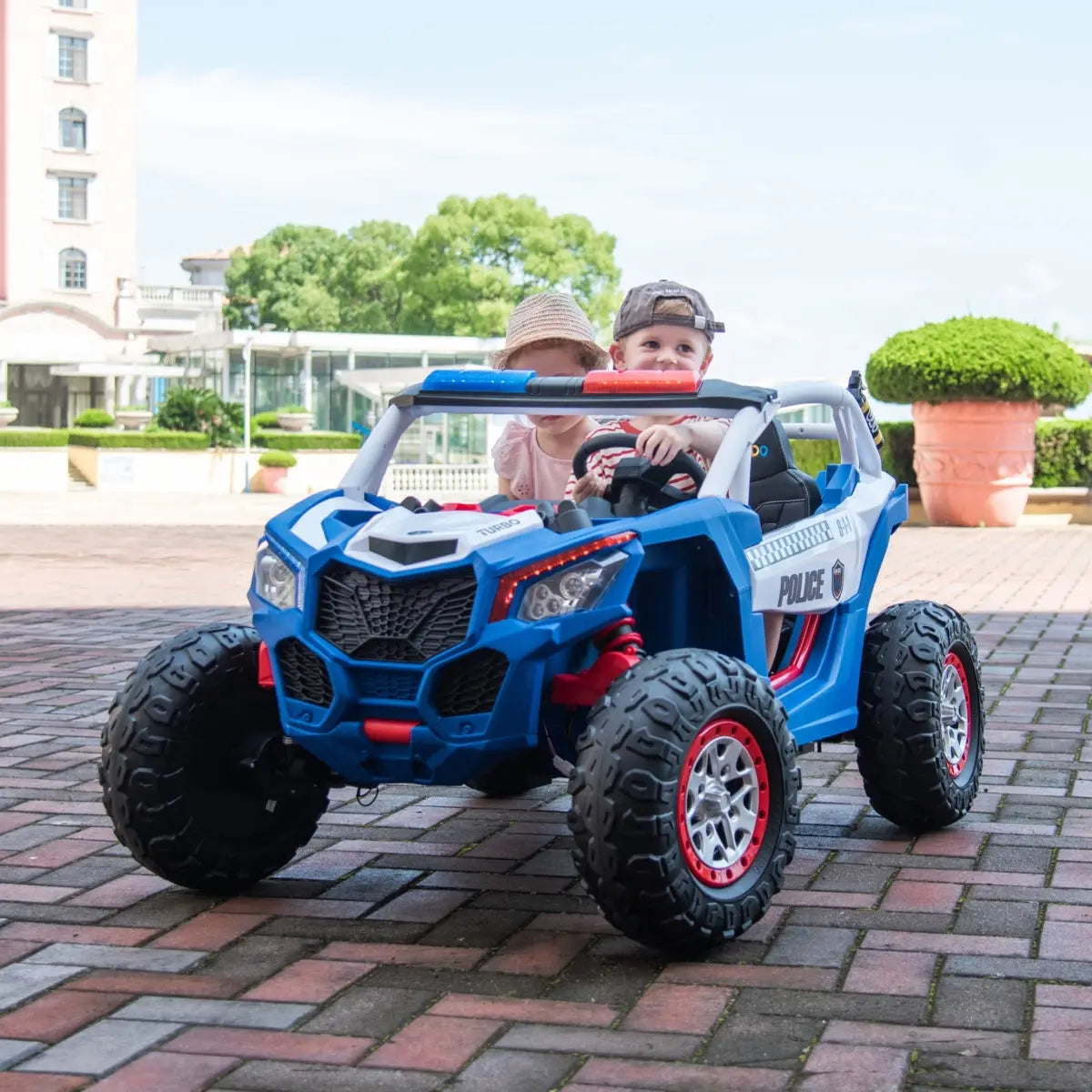 24V Kids Storm Police 4X4 2-Seater UTV with EVA Tires, Emergency Siren, Lights, Music, Remote