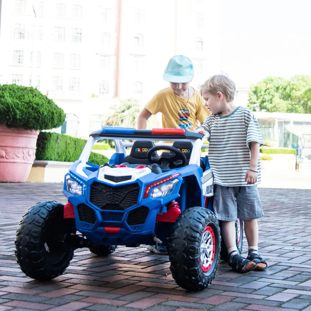 24V Kids Storm Police 4X4 2-Seater UTV with EVA Tires, Emergency Siren, Lights, Music, Remote