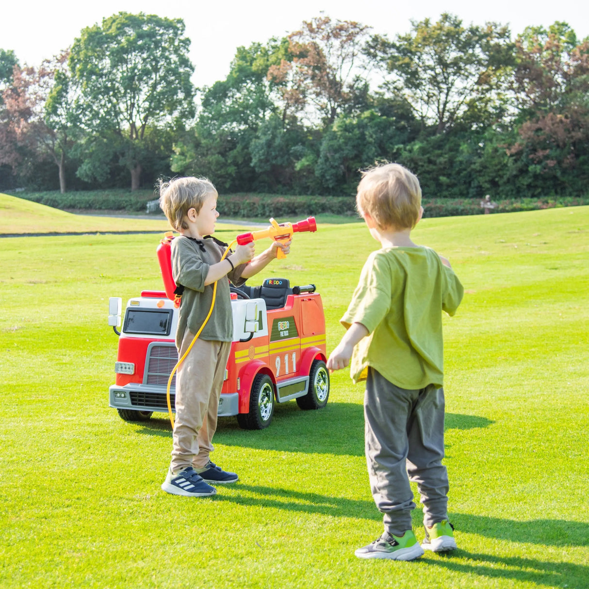 24V Kids 2-Seater Ride-On Fire Truck with EVA Tires, LED Lights, Music, Remote