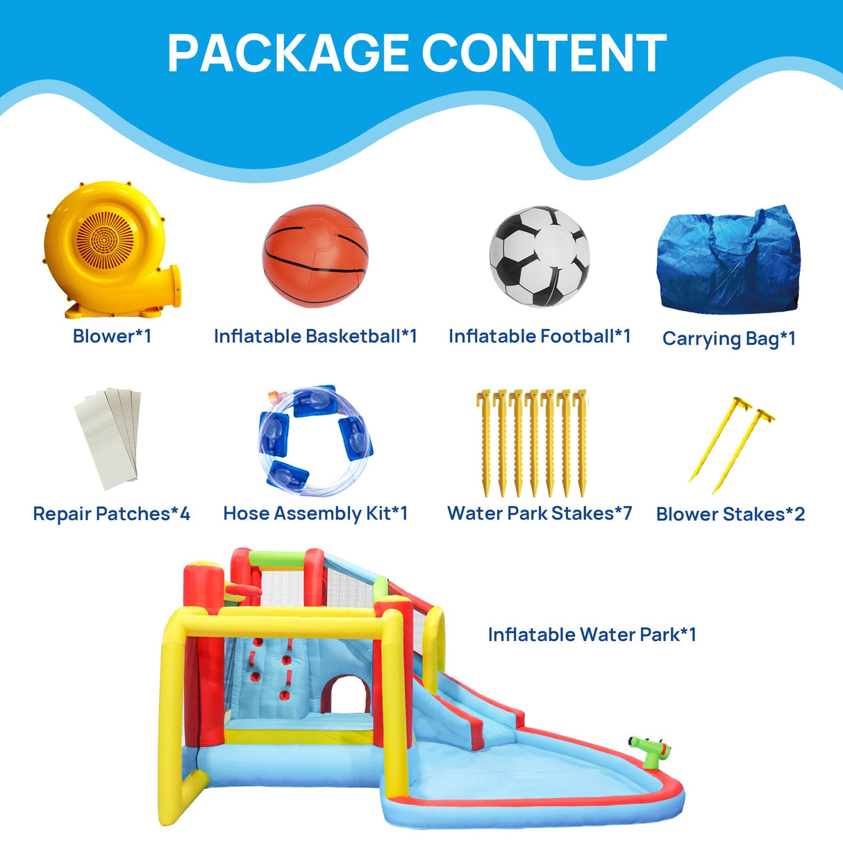 7 in1 Inflatable slide water park bouncing house outdoor Soccer garden bouncer with Splash pool & Water gun & Climbing wall & Basketball & Football
