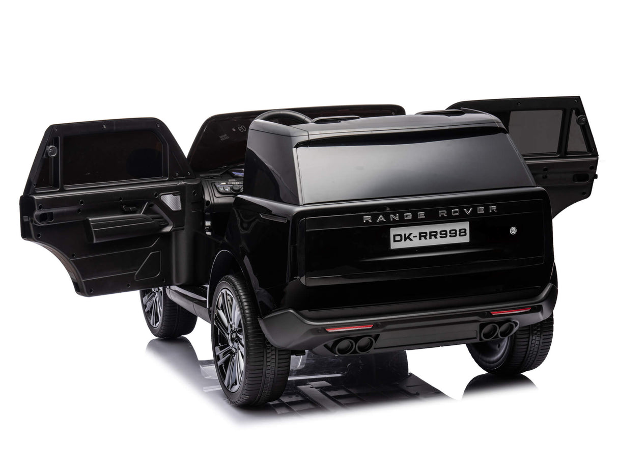 The Black 24V Kids Range Rover is a luxury ride-on SUV toy with premium features and parental control, showcasing open doors, visible wheels, exhaust pipes, and a license plate DK-RR998. Its viewed from the rear against a plain white background.