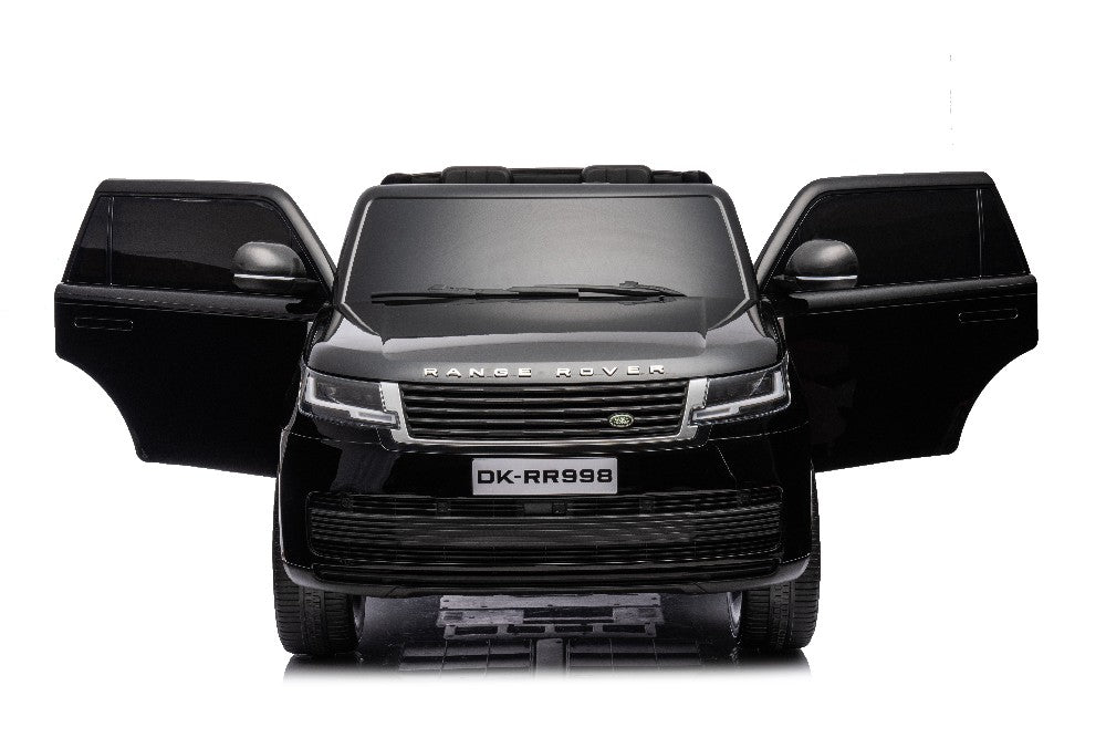Front view of a Black 24V Kids Range Rover ride-on SUV with open doors, showing model DK-RR998 on the front. This toy car with parental control is placed on a white background.