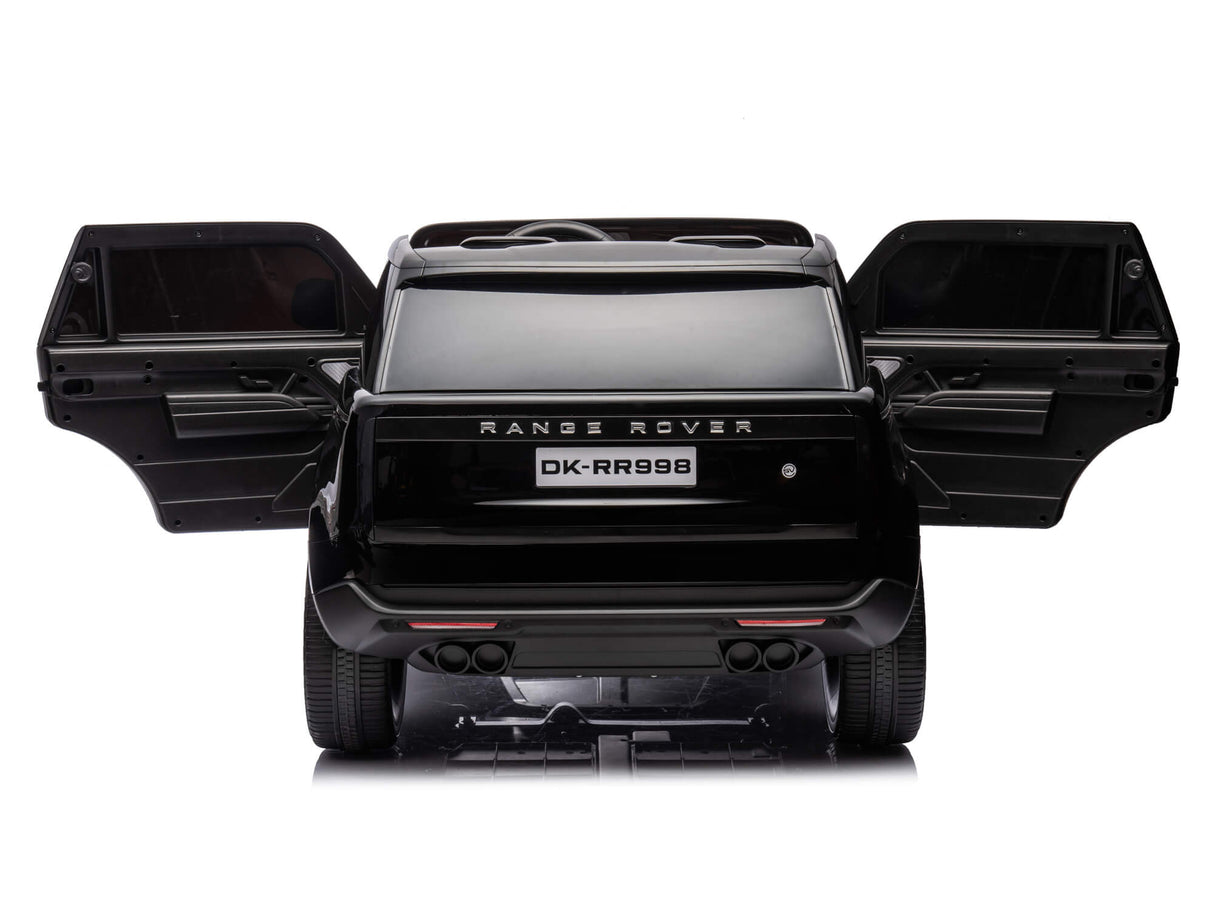 A Black 24V Kids Range Rover Luxury Ride-On SUV, license DK-RR998, is displayed forward with open doors revealing interior details. Perfect for young adventurers, this toy is set against a plain white background and comes with premium features and parental control.