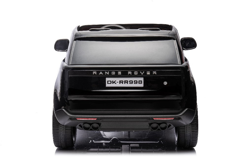 The black DK-RR998 24V Kids Range Rover, a luxury ride-on SUV with tinted windows and dual exhaust pipes, resembles a sleek real car. Styled on a white background, it offers premium features and parental control for remote driving appeal.