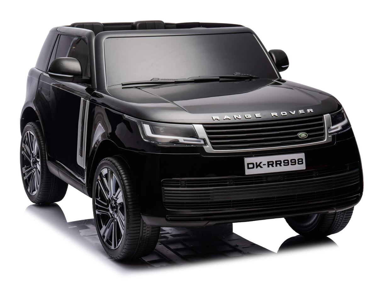 The Black 24V Kids Range Rover is a luxury ride-on SUV with a sleek glossy finish and detailed front design. It features realistic tires, a visible license plate DK-RR998, remote control functionality, and has a reflective surface underneath.